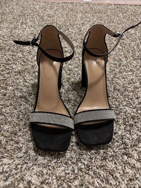 Black Ankle-Strap Block Heel Sandals with Rhinestone Strap 7 1/2
